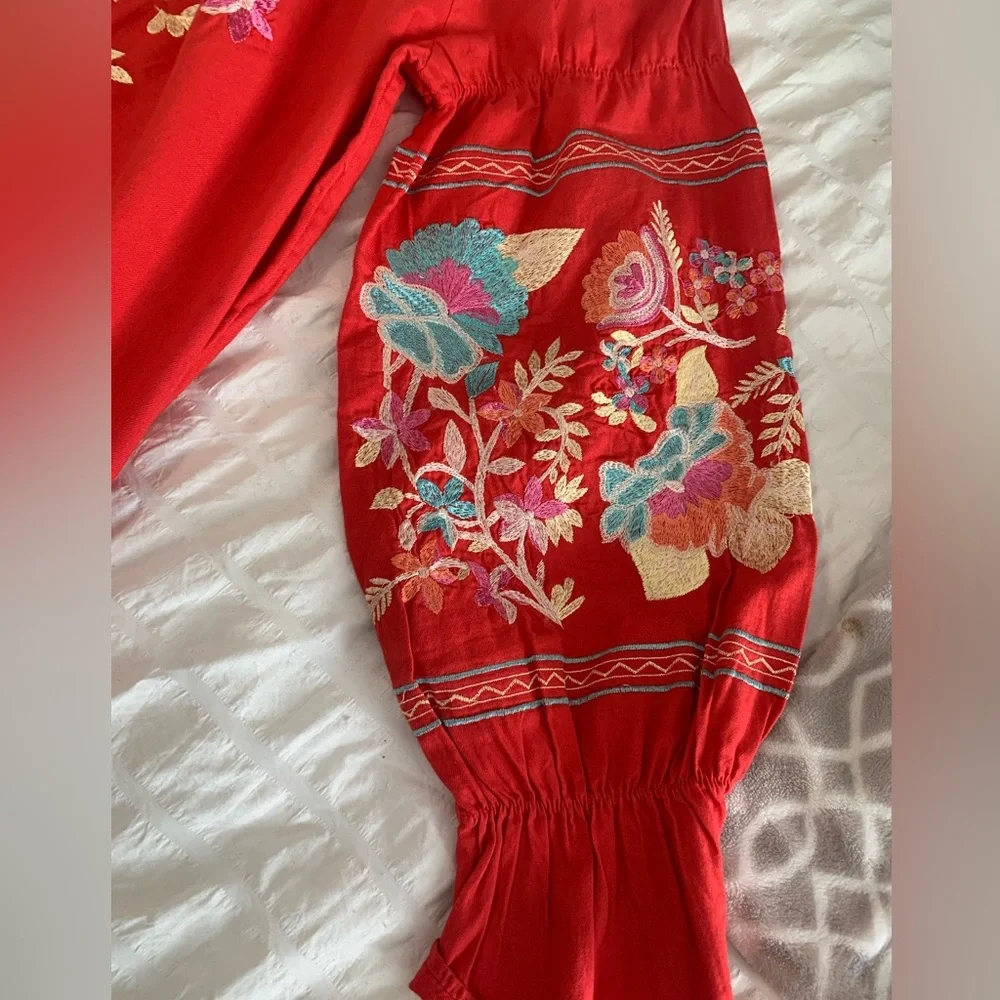 Free People Embroidered Off-Shoulder Red Peasant Tunic/Dress